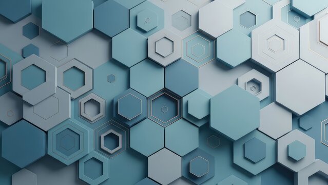 Abstract 3D hexagonal background with varying depths and shades of blue and white, creating a modern geometric pattern for digital designs and technology concepts