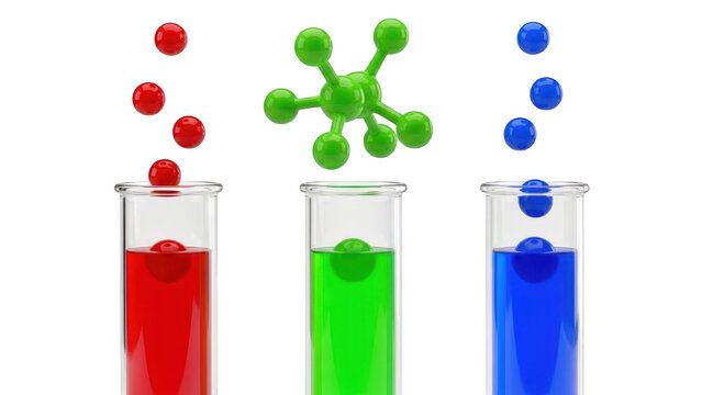 Three test tubes with red, green, and blue liquid reacting to falling spheres and a molecule structure, isolated on transparent background