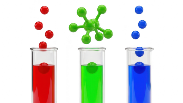 Three test tubes with red, green, and blue liquid reacting to falling spheres and a molecule structure, isolated on transparent background