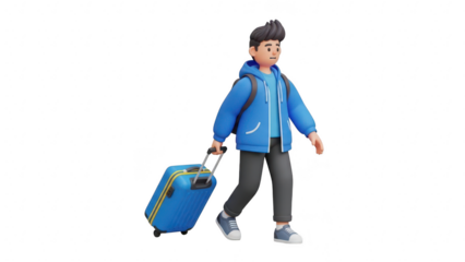 3d cartoon character of a young male traveler walking with a blue rolling suitcase and backpack isolated on transparent background
