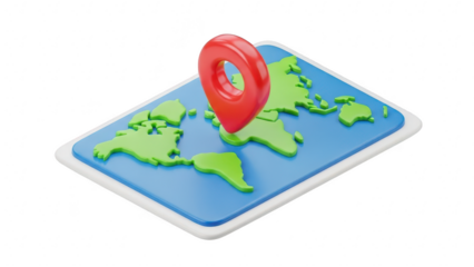 3d rendering of a red location pin marking a spot on a stylized blue map of the world, isolated on transparent background