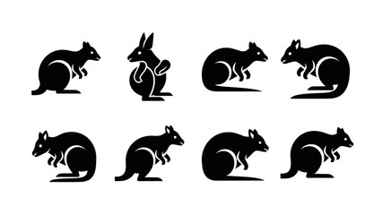 Collection of black silhouette kangaroo vectors on a white background, icon set of animals with a