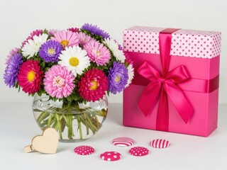 Vibrant aster flower bouquet and a festive pink gift box setup