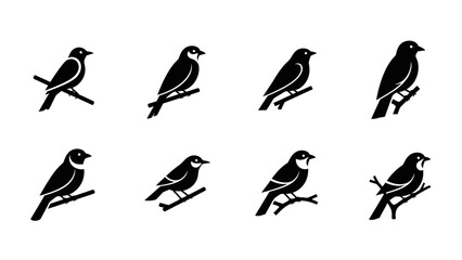 Set of vector illustrations of birds sitting on branches in black and white for logos