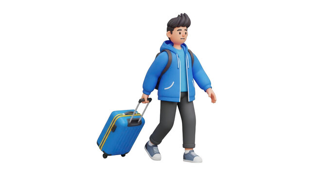 3d cartoon character of a young male traveler walking with a blue rolling suitcase and backpack isolated on transparent background