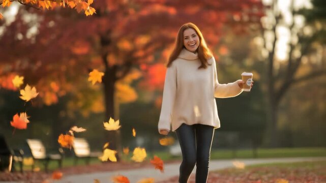 A woman smiles and strides through a park with falling leaves and coffee
