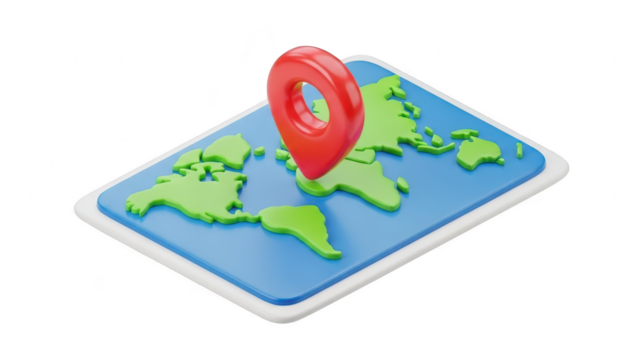 3d rendering of a red location pin marking a spot on a stylized blue map of the world, isolated on transparent background