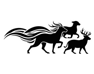 Silhouette of Horse Sheep and Deer Running Elegantly in Black and White Graphic
