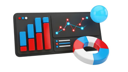 3d illustration of a business dashboard featuring bar chart, line graph, and donut chart for data analysis and reporting isolated on transparent background