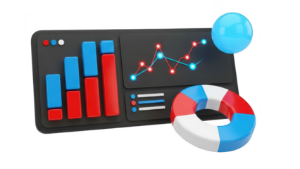 3d illustration of a business dashboard featuring bar chart, line graph, and donut chart for data analysis and reporting isolated on transparent background
