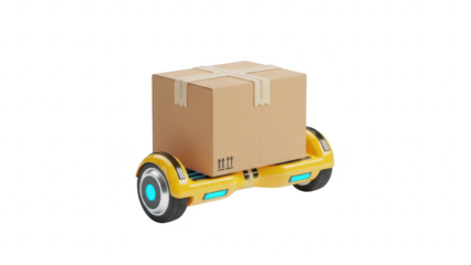 Yellow hoverboard carrying a sealed cardboard shipping box for fast delivery service concept, isolated on transparent background