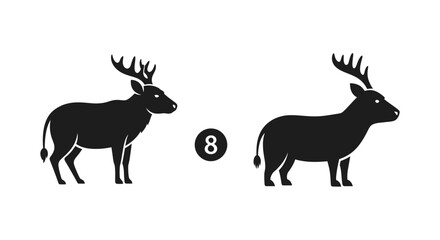 Spot the Difference Visual Puzzle: Comparing Two Deer Silhouette Illustrations with Number Eight