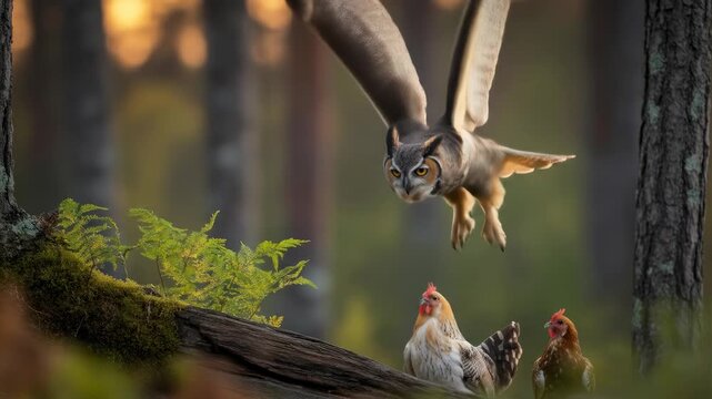 An owl swoops towards prey while the chicken are oblivious in a forest