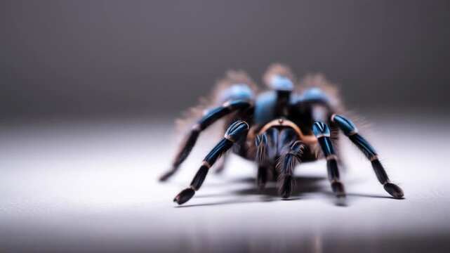 A vibrant tarantula in macro, showcasing detailed features, blue accents, poised on a surface