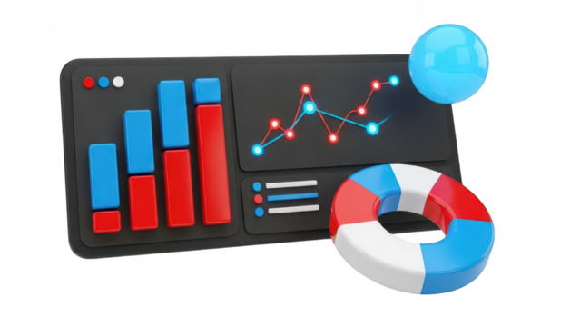 3d illustration of a business dashboard featuring bar chart, line graph, and donut chart for data analysis and reporting isolated on transparent background