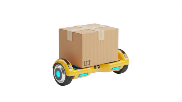 Yellow hoverboard carrying a sealed cardboard shipping box for fast delivery service concept, isolated on transparent background