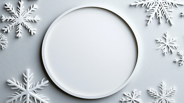 White round frame on silver gradient background with delicate snowflake accents