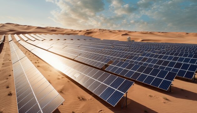 Extensive solar panels generating renewable power across a desert landscape beneath a bright sky