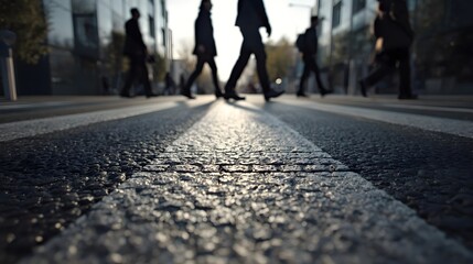 Low-angle shot of commuters walking across a city crosswalk at sunrise/sunset. The rough pavement texture is sharply detailed in the foreground, catching dramatic backlight and reflections, contrasti