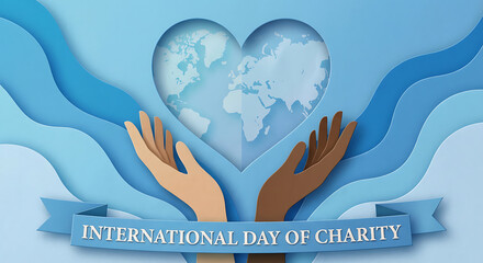 Diverse hands unite for global charity, symbolizing hope and compassion for a better world, layered paper art design for impactful campaigns and messages