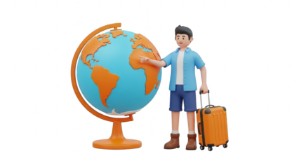 3d character pointing at globe with suitcase ready for world travel and vacation planning isolated on transparent background