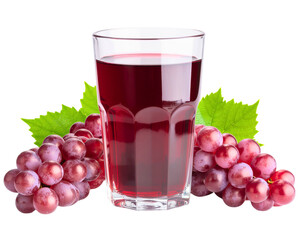 Glass of red grape juice with fresh grapes and leaves isolated on transparent background