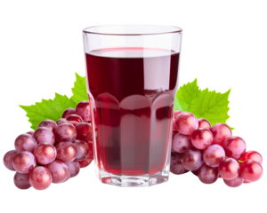 Glass of red grape juice with fresh grapes and leaves isolated on transparent background