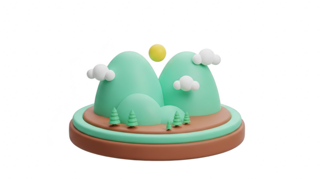Cute 3d isometric illustration of a miniature landscape with green mountains, small pine tree, fluffy cloud, and bright sun isolated on transparent background