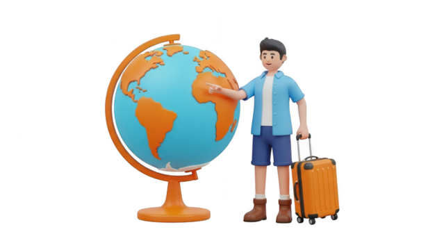 3d character pointing at globe with suitcase ready for world travel and vacation planning isolated on transparent background