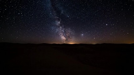 A seamless time lapse progression from golden hour warmth to the cool, crisp clarity of a night sky, highlighting atmospheric changes and celestial motion.
