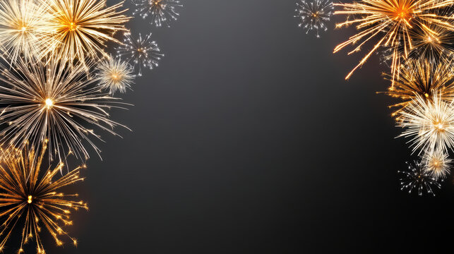 Gold fireworks border night celebration with sparkling golden bursts and festive glow