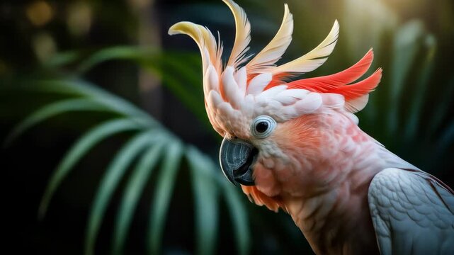 Close-up of a vibrant bird, crested with feathers of red, white and yellow, in soft focus