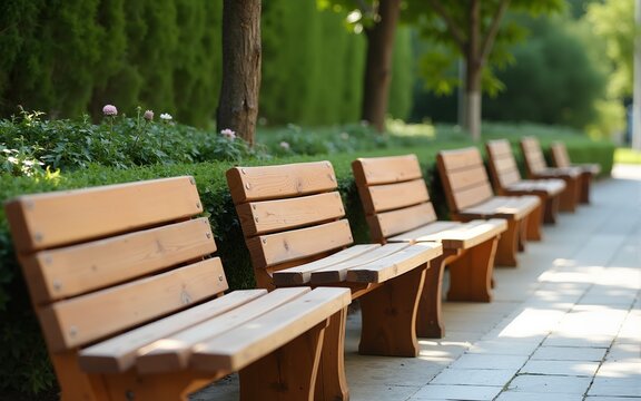 Row of wooden park benches for seating in outdoor public spaces. High quality
