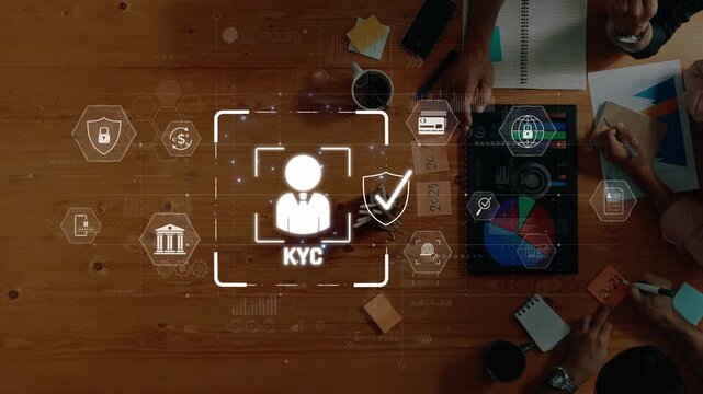 A group of business professionals collaborate on the Know Your Customer (KYC) process with a digital interface displaying security measures and analytical tools. Raster