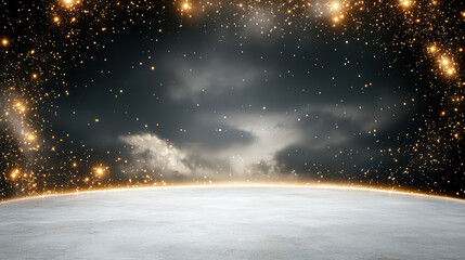 Golden starfield night sky snowy plain horizon glow sparkling border landscape snow star sky