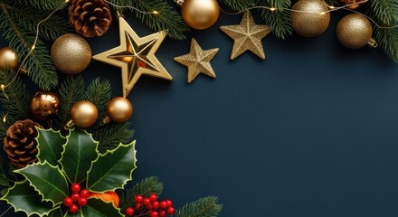 Festive Christmas decorations with gold ornaments, stars, and holly on a dark background