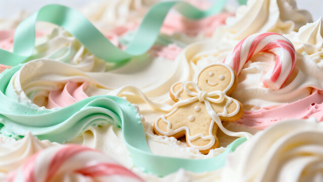 Colorful Christmas Dessert with Gingerbread Cookie and Candy Cane