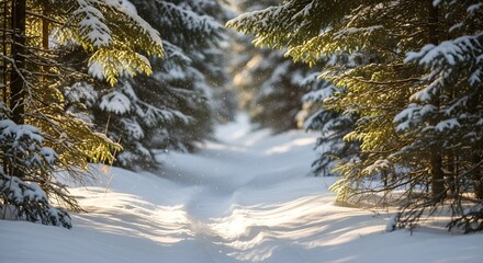 Snow covered path through a forest of pine trees in winter