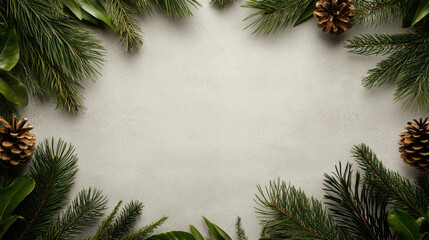Evergreen pine branch border with pinecone accents creating calm holiday frame