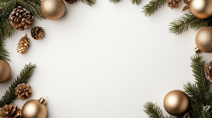 Gold bauble pine cone evergreen border with soft luminous festive mood