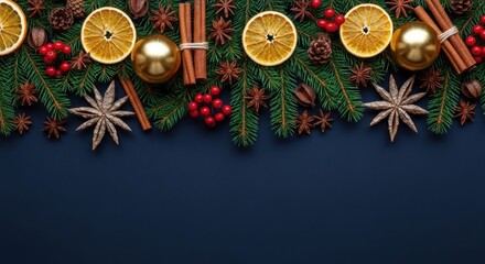 Festive Christmas border with ornaments, spices, and evergreen branches