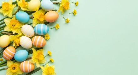 Easter eggs and daffodils arranged on a pastel green background