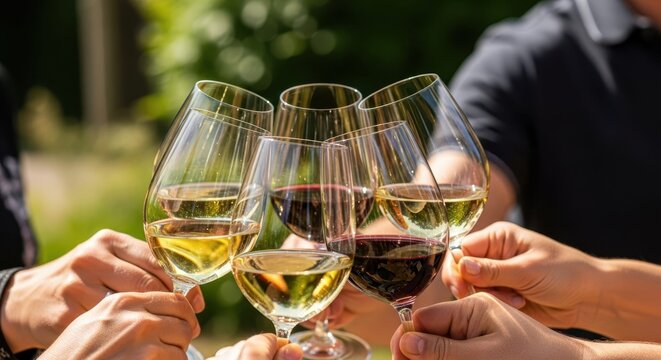 cheers with wine glasses, toasting with red and white wine