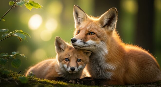 A mother fox and her cub resting in a sunlit forest clearing