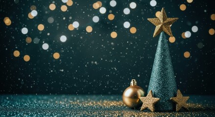 Festive Christmas tree with gold stars and ornaments on a dark background
