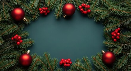 Christmas background with ornaments, berries, and evergreen branches