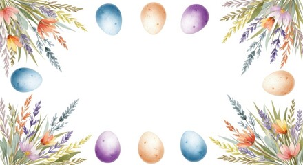 Watercolor Easter eggs and floral arrangement on a white background