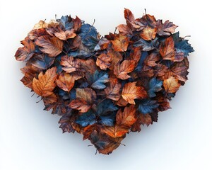 Heart made of autumn leaves in brown, orange and blue colors on white. Use this background to add lovely seasonal designs or greetings.