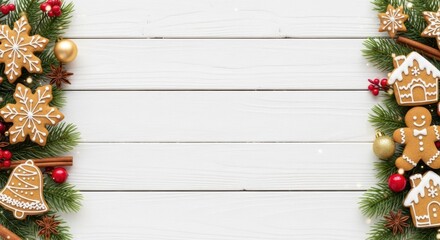 Festive Christmas background with gingerbread cookies and decorations on white wood
