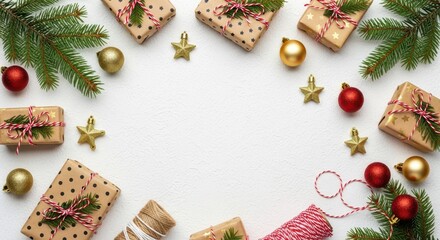 Christmas gifts and decorations arranged on a white textured background